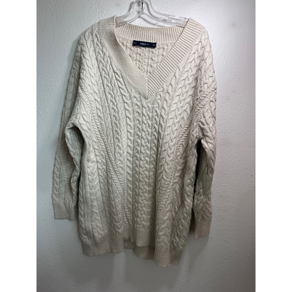 Zara Knit Womens Small Cream Beige Cable Knit V-Neck Oversized Sweater Pullover - Picture 2 of 8